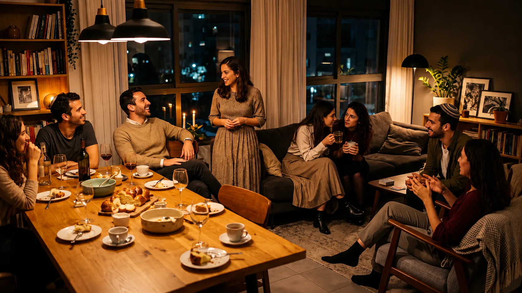 Friends lingering on the couch after a Shabbat dinner, coffee and cake still on the table
