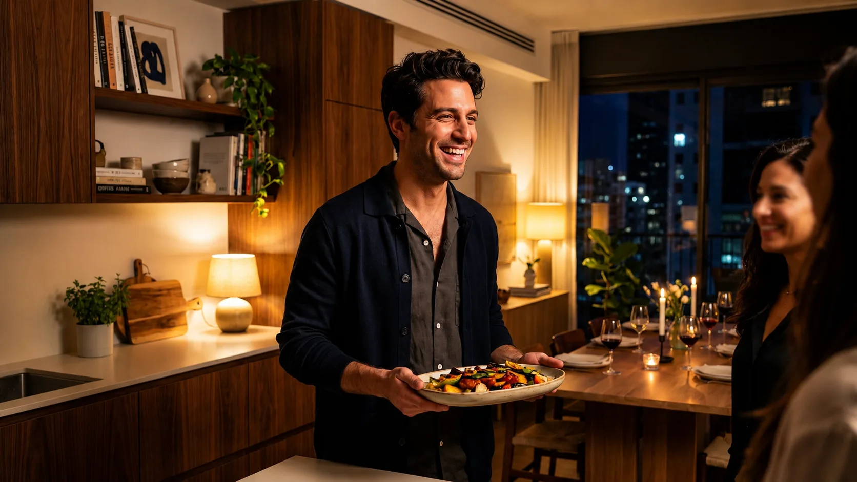 A host serving wine to guests already seated at a candlelit table