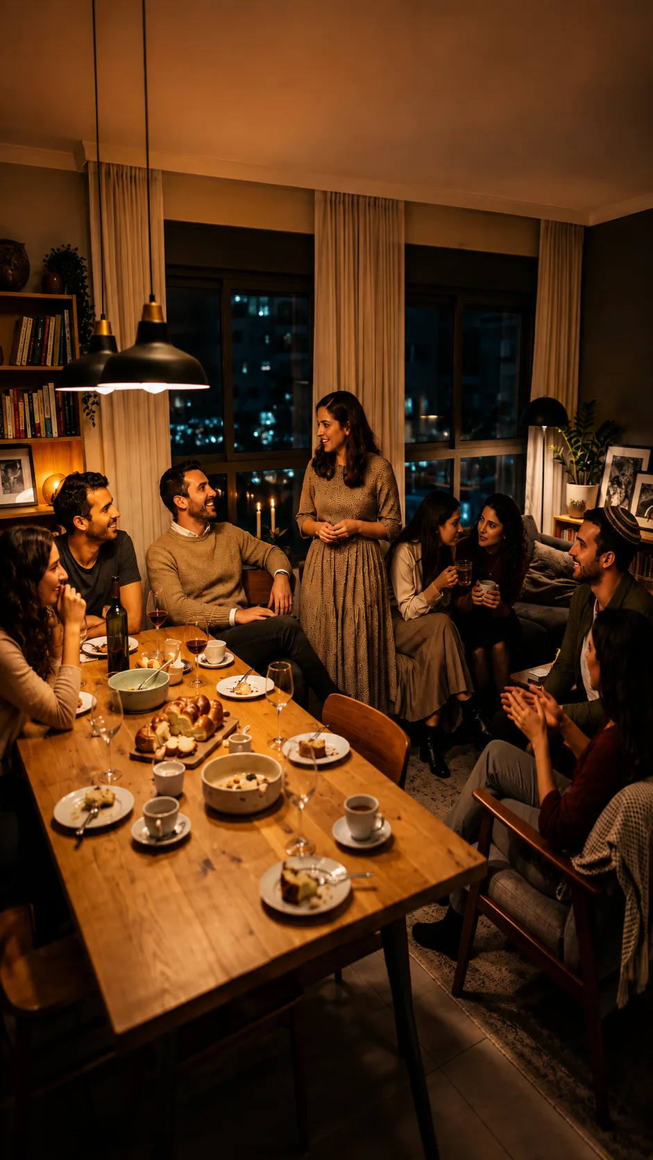 Friends lingering on the couch after a Shabbat dinner, coffee and cake still on the table